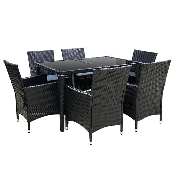 Gardeon 7pc black wicker outdoor dining set with glass table - aluminium frame and high density foam