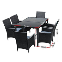 Gardeon 7pc outdoor dining set wicker - black with table, chairs, aluminium frame