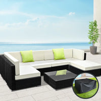 Gardeon 8-pce outdoor sofa set wicker lounge setting 7 seater with tempered glass top and storage cover