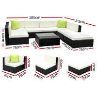 Gardeon 8-pce outdoor sofa set with white cushions and tempered glass top