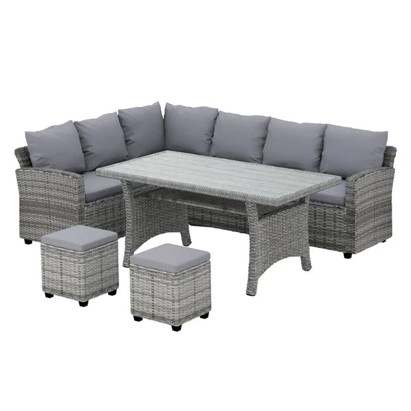 Gardeon 8 seater outdoor dining set wicker table chairs - grey outdoor dining set with a table and four stools