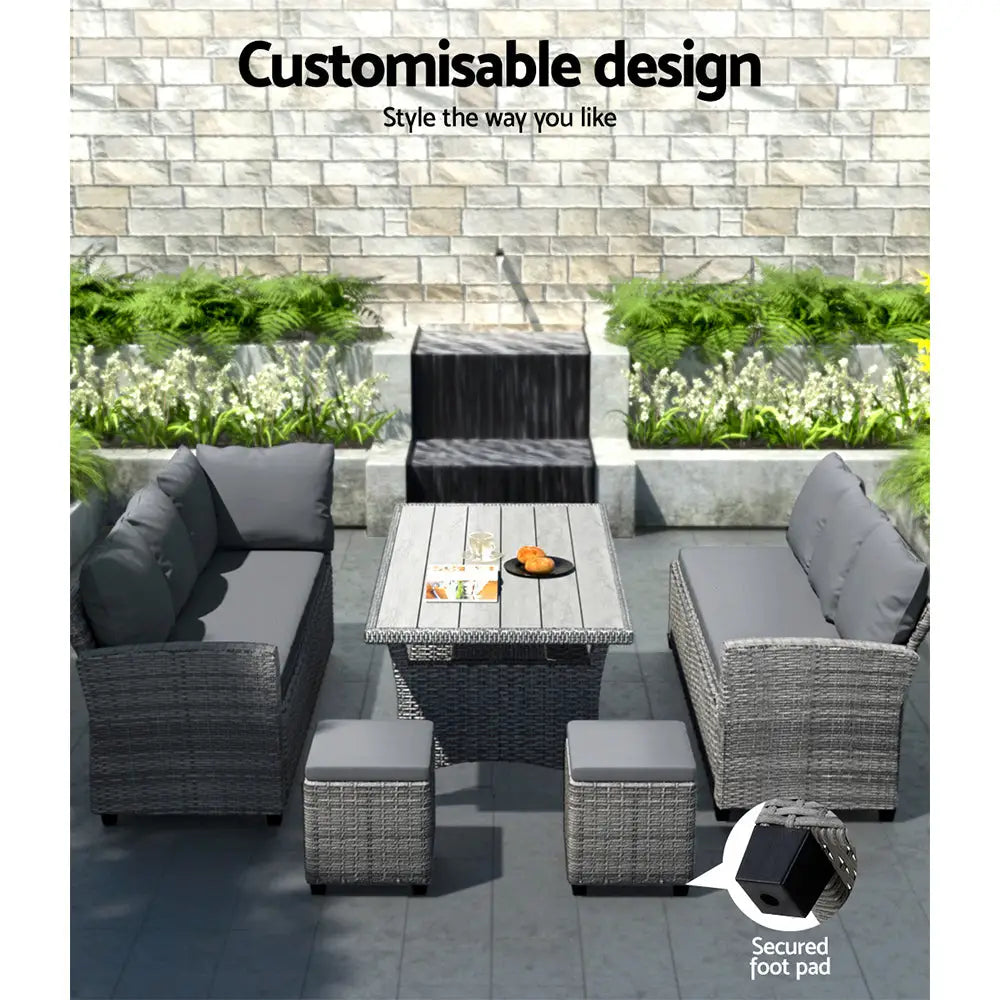 Gardeon 8 seater outdoor dining set wicker table chairs - grey catalog with patio furniture