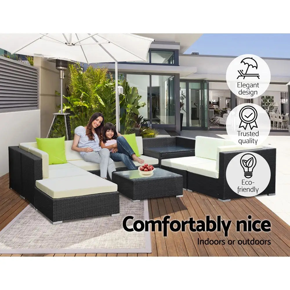 Gardeon 9-piece outdoor sofa set with woman on patio chair - tempered glass corner table - 75cm x 60cm