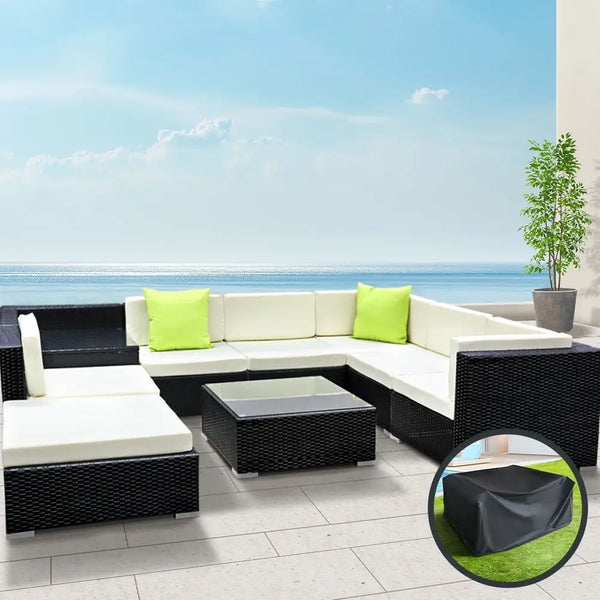 Gardeon 9-piece outdoor sofa set wicker lounge setting with tempered glass corner table, 75cm x 60cm