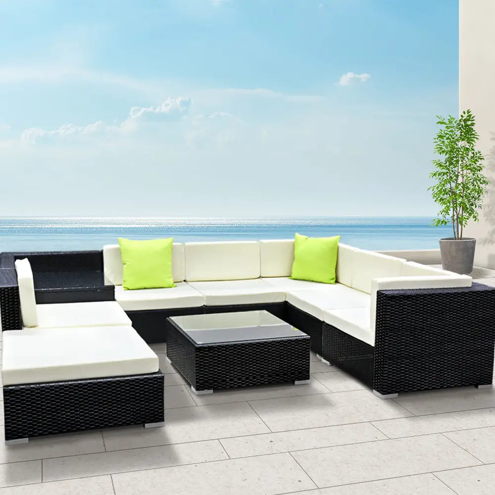Gardeon 9-piece outdoor sofa set with large couch, coffee table, tempered glass, corner table 75cm x 60cm