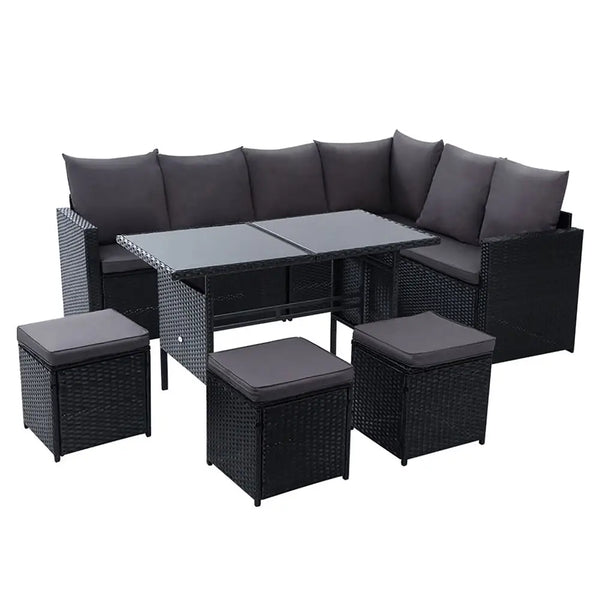 Gardeon 9 seater outdoor dining sofa set with black rattan wicker furniture
