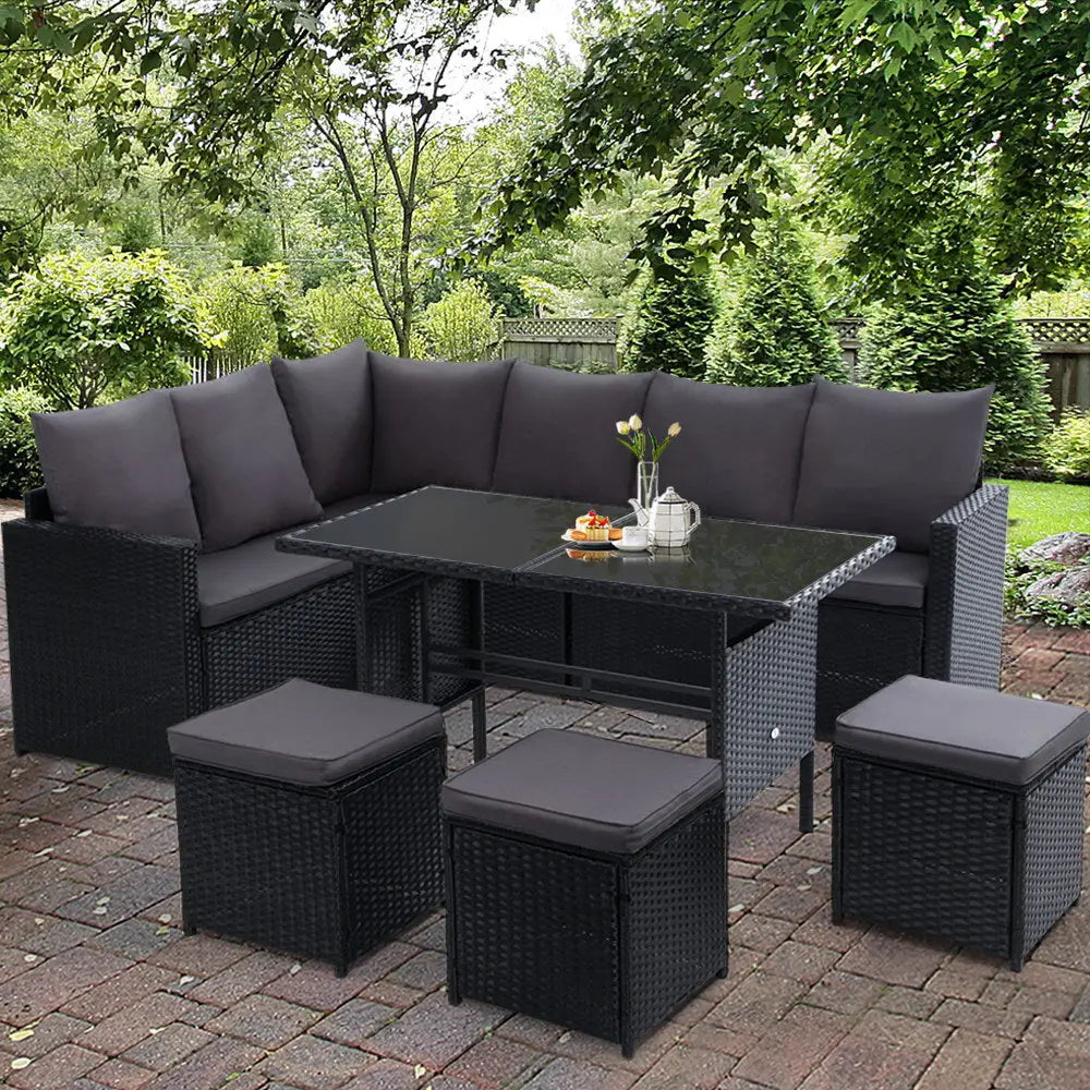 Gardeon 9 seater outdoor dining sofa set lounge wicker - dining set on brick patio