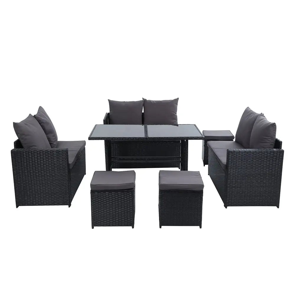 Gardeon 9 seater outdoor dining sofa set lounge wicker - all weather wicker set with table, chairs, and ottomans