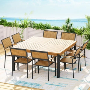 Gardeon 9pc outdoor dining set acacia wood patio table, chairs, and rug
