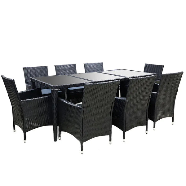 Gardeon 9pc outdoor dining set wicker - black with glass table top and chairs