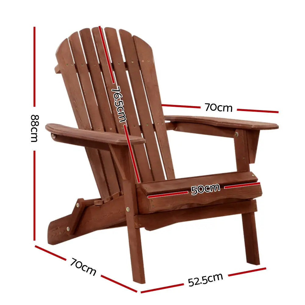 Gardeon adirondack outdoor chair - wooden foldable with measurements, brown