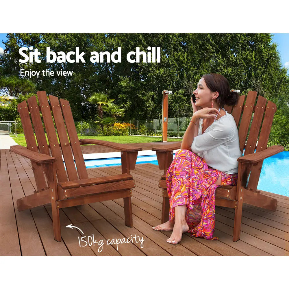 Woman sitting on gardeon adirondack outdoor wooden beach chair by the pool