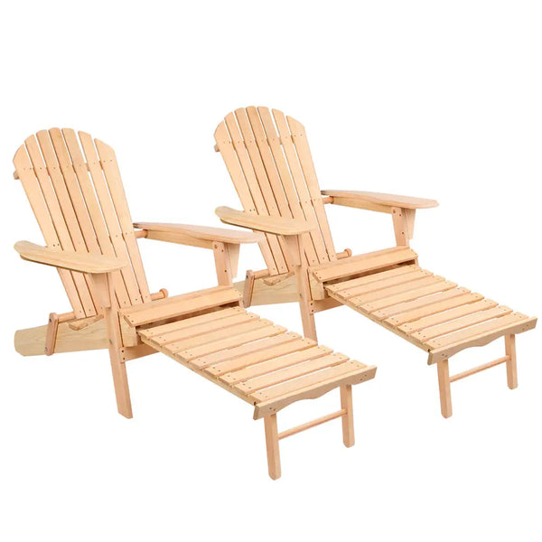 Pair of gardeon adirondack outdoor wooden sun lounges - natural