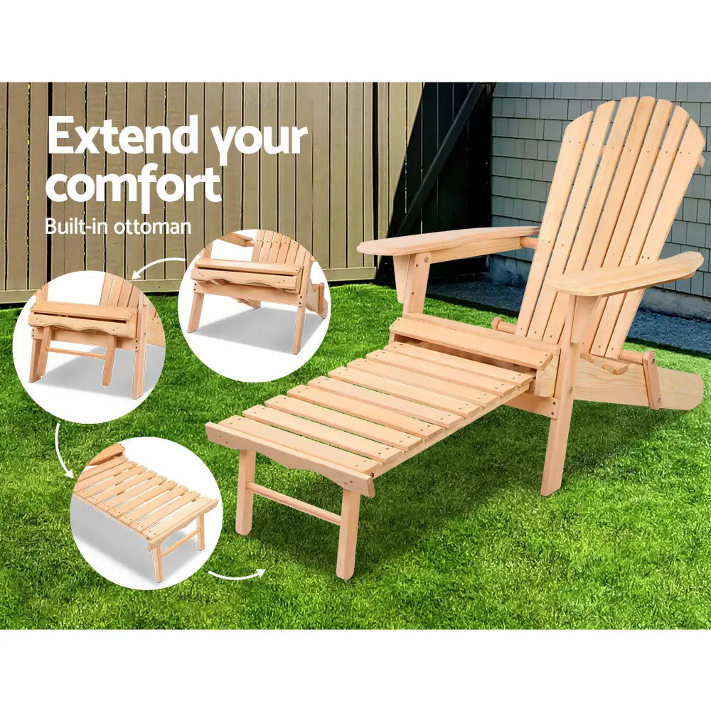 Gardeon adirondack outdoor wooden sun lounge x 2 with table patio - natural