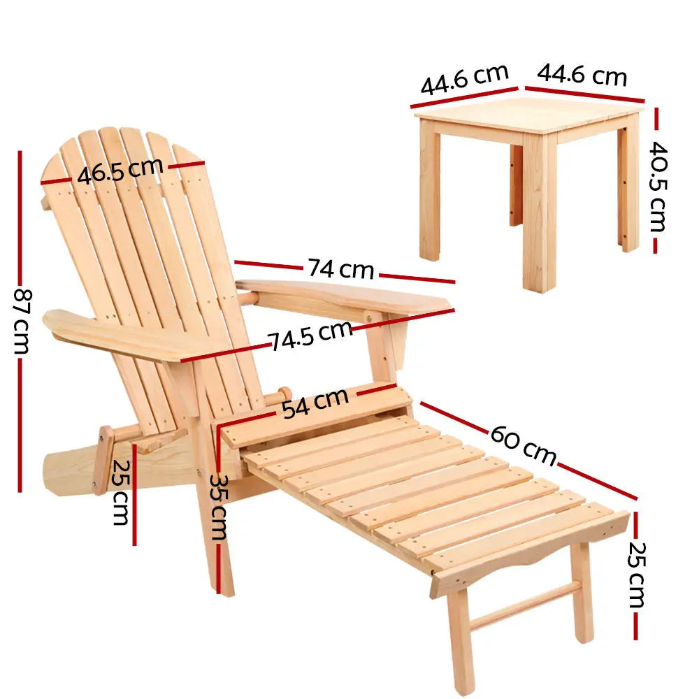 Gardeon adirondack outdoor wooden sun lounge x 2 with table patio - natural, showing wooden adirondack chair with measurements