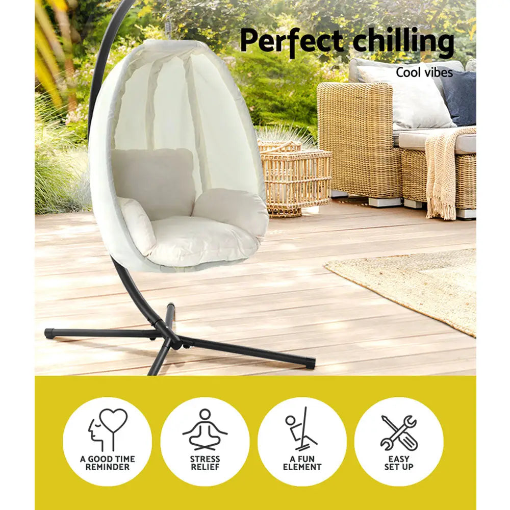 Gardeon foldable outdoor hanging pod chair with steel stand, powder-coated frame
