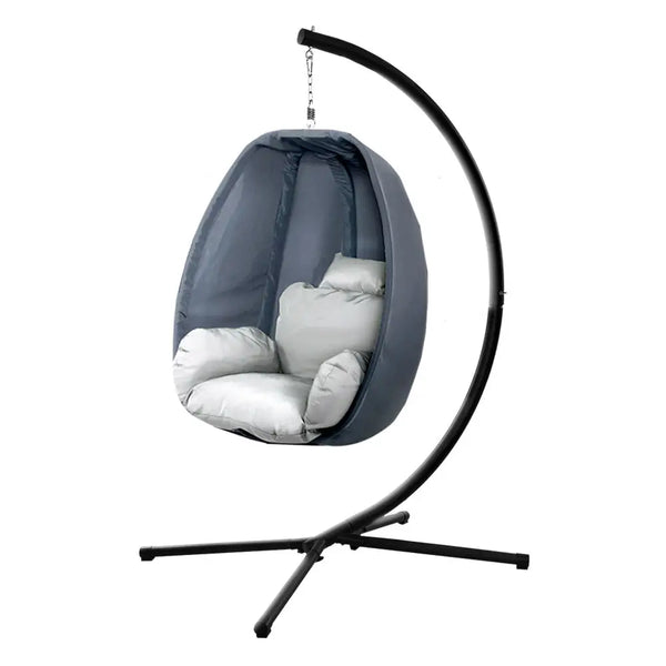 Gardeon hanging pod chair with white pillow on powder-coated steel frame