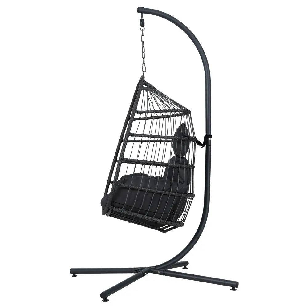Gardeon foldable wicker swing egg chair with steel stand showcasing a black resin wicker seat