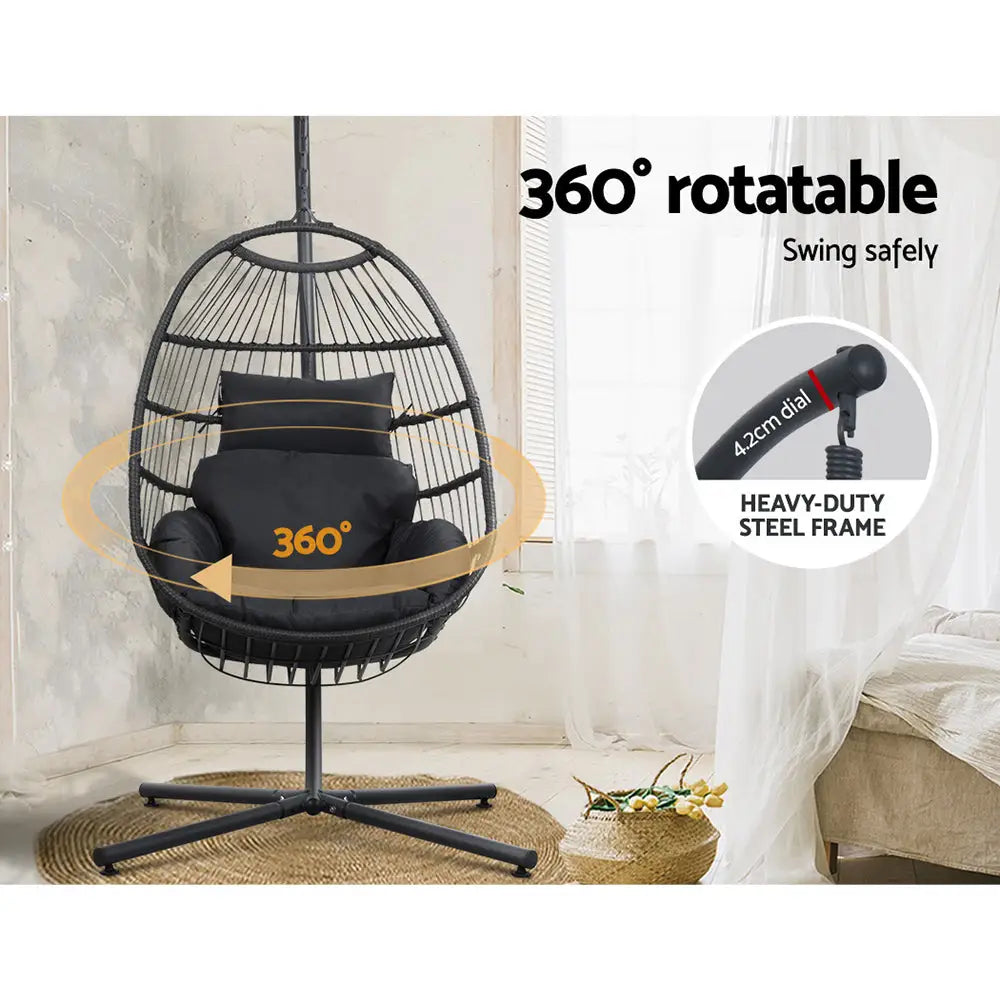 Gardeon foldable wicker swing egg chair with steel stand, resin wicker seat and gold frame