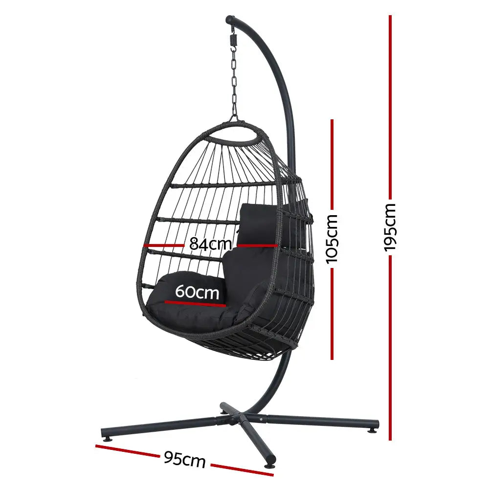 Gardeon foldable resin wicker hanging chair with steel stand: chair dimensions displayed