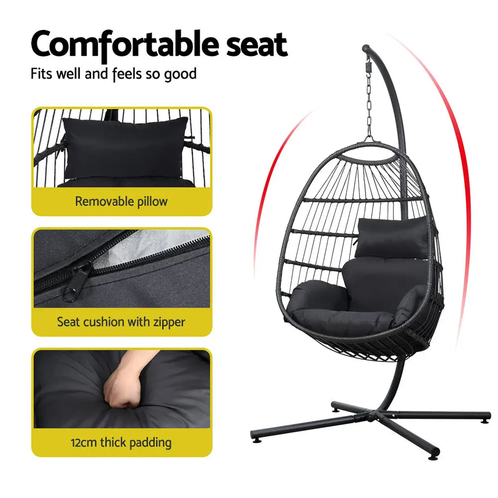Gardeon foldable wicker swing egg chair with steel stand and cushion, featuring resin wicker and intricate pattern