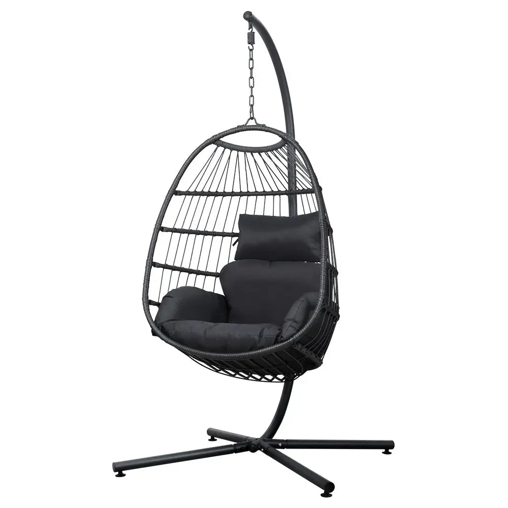 Gardeon resin wicker hanging chair with intricate black cushion