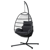 Gardeon resin wicker hanging chair with intricate black cushion