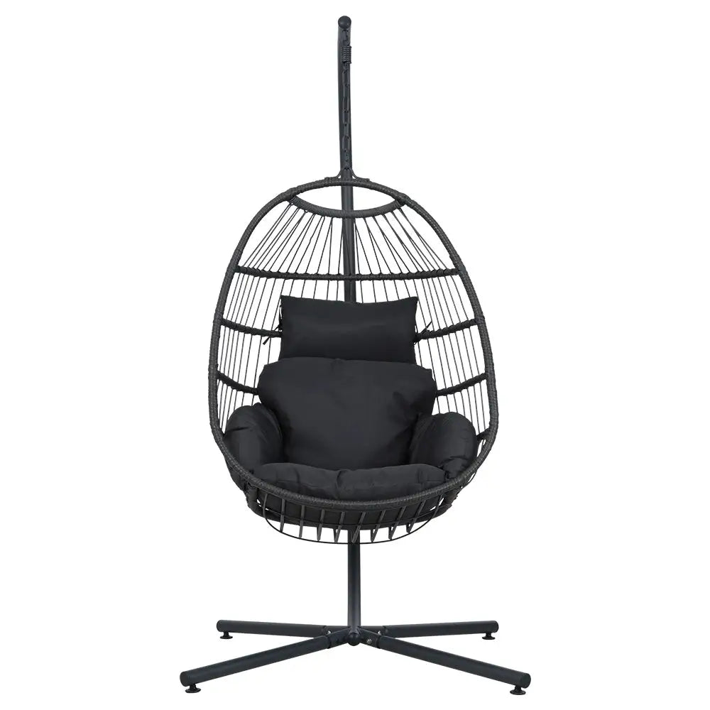 Gardeon foldable wicker swing egg chair with steel stand, resin wicker and black cushion detail