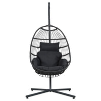 Gardeon foldable wicker swing egg chair with steel stand, resin wicker and black cushion detail