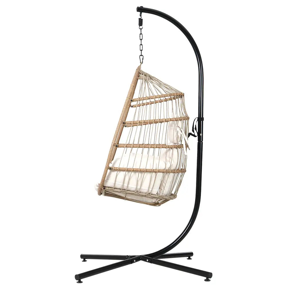 Gardeon foldable resin wicker swing chair with intricate pattern, natural wood frame, and sturdy metal stand