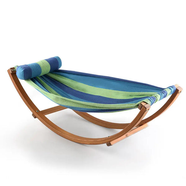 Kids eco-friendly larch wood rocking hammock with blue and green stripes