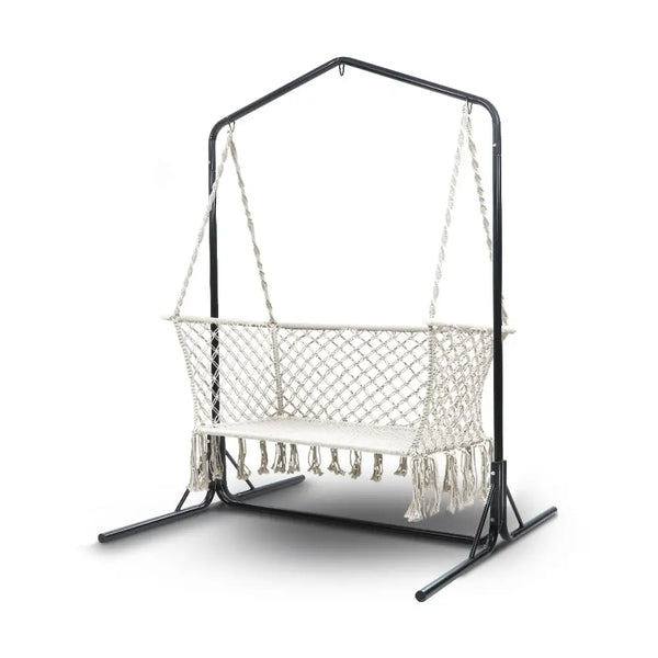 Gardeon hammock chair with stand macrame outdoor 2 seater - cream, close-up of hammock hanging from metal frame