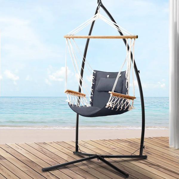 Gardeon hammock chair with steel stand and armrest on timber deck