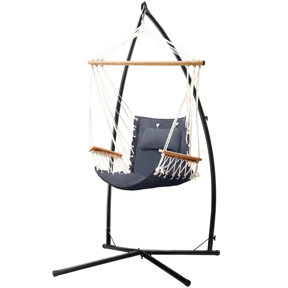 Gardeon hammock chair with steel stand and armrest - grey, close-up with pillow on timber rail stand