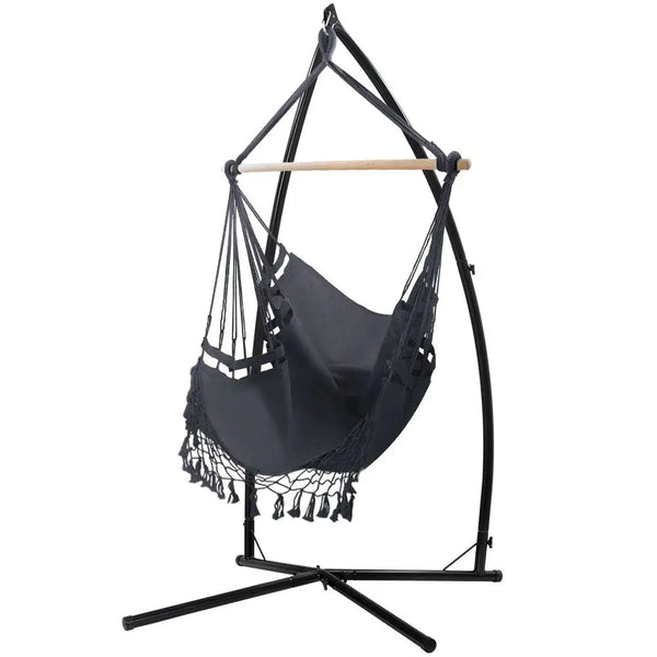 Gardeon hammock chair with tassels and steel stand, black hanging chair with wooden stand