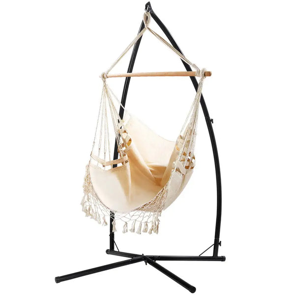 Gardeon hammock chair with tassels and steel stand - cotton blend fabric on timber overhead rail