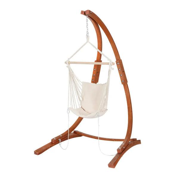 Gardeon hammock chair with white seat swaying gently amidst timber stand outdoor