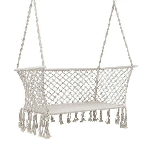 Gardeon handmade woven hammock chair 2 seater - cream with tassels hanging