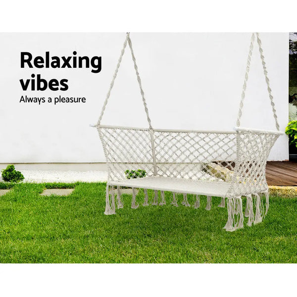 Gardeon handmade woven hammock chair 2 seater - cream with relaxing vibes