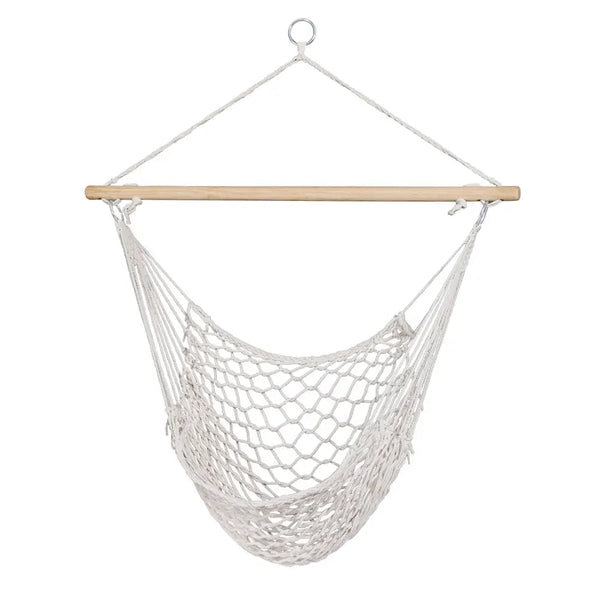 Gardeon crocheted hammock chair - cream hanging from wooden pole