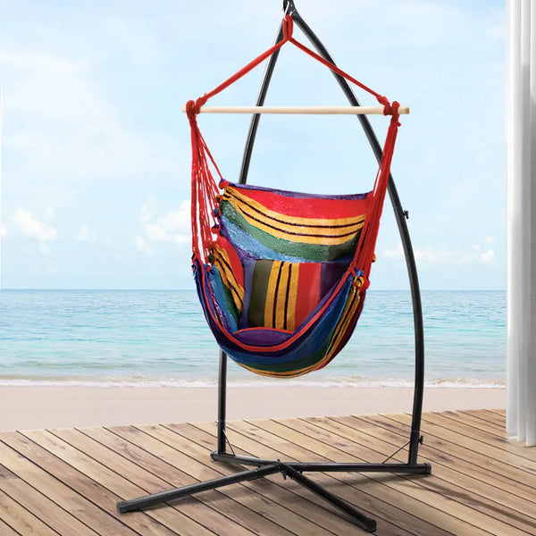 Gardeon hanging hammock chair with steel stand - rainbow overlooking ocean