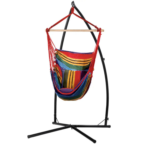 Gardeon hanging hammock chair with steel stand - rainbow, close up of hammock chair on stand