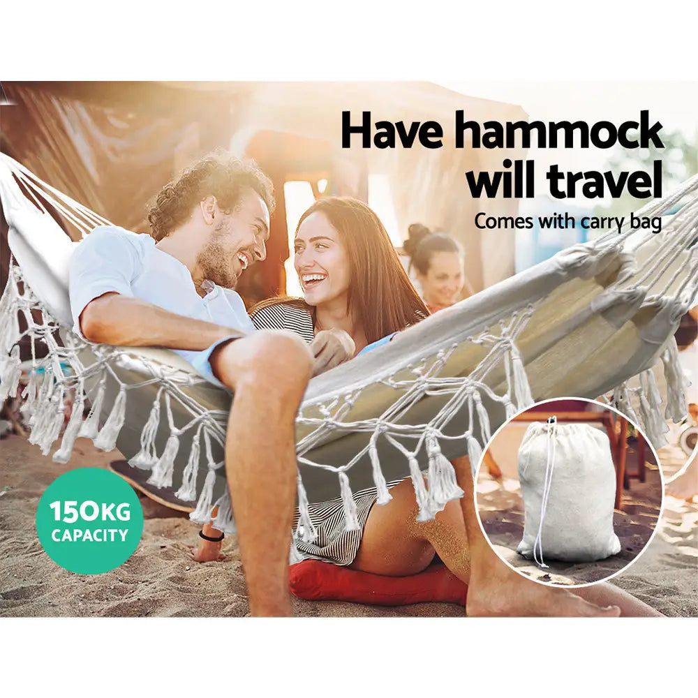 Gardeon hanging tassel hammock bed - cream with sand bag