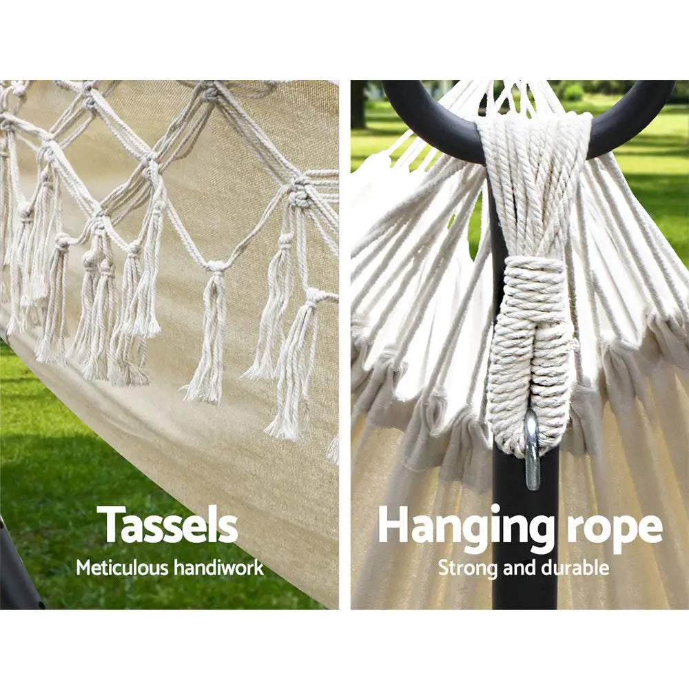 Gardeon cream tassel hammock bed with hanging rope and metal pole