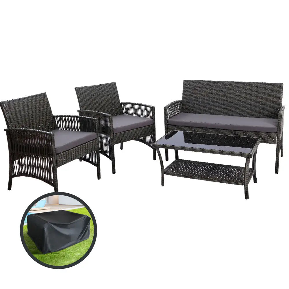 Gardeon harp 4pcs outdoor patio furniture set with wicker weaving and tempered glass top