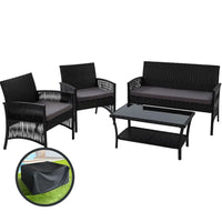 Gardeon harp 4pcs outdoor lounge sofa set with wicker weaving and tempered glass top