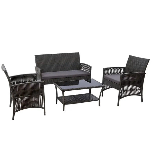 Gardeon harp 4pcs outdoor lounge sofa set with wicker weaving and tempered glass table