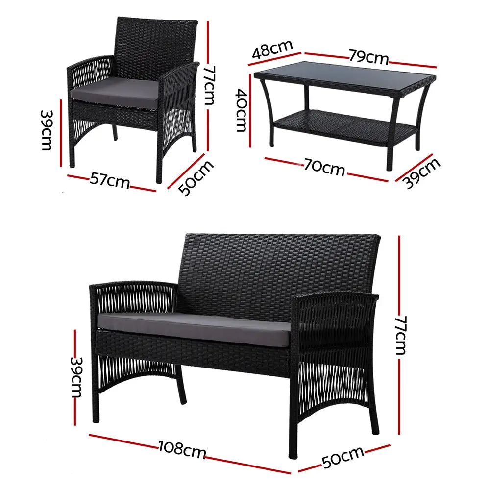 Gardeon harp outdoor furniture set with wicker weaving and tempered glass table