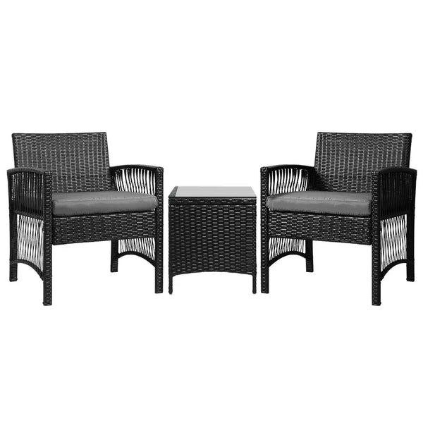 Gardeon 3-pc outdoor bistro set with wicker chairs, table, and cushions