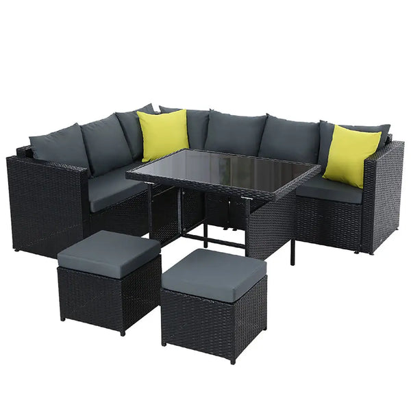 Gardeon outdoor wicker dining set with ottomans and tempered glass table